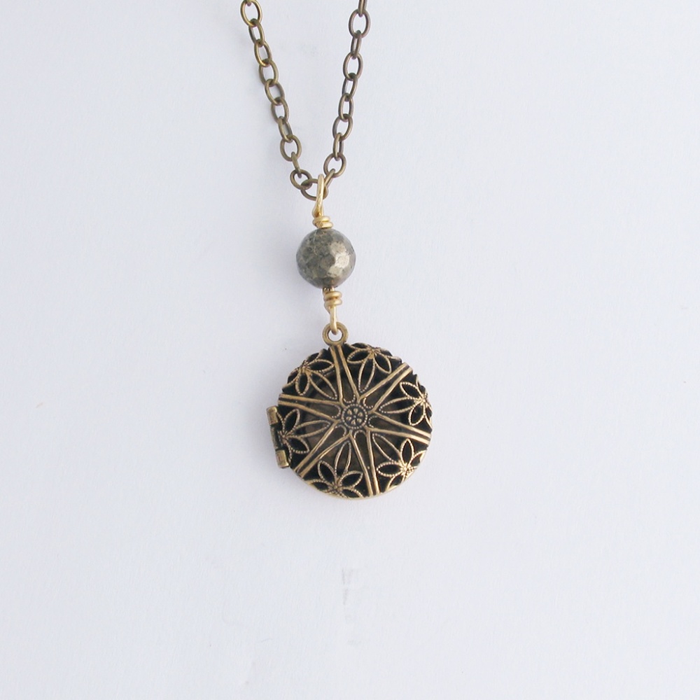 Teeny Locket with Pyrite Bead on Long Chain